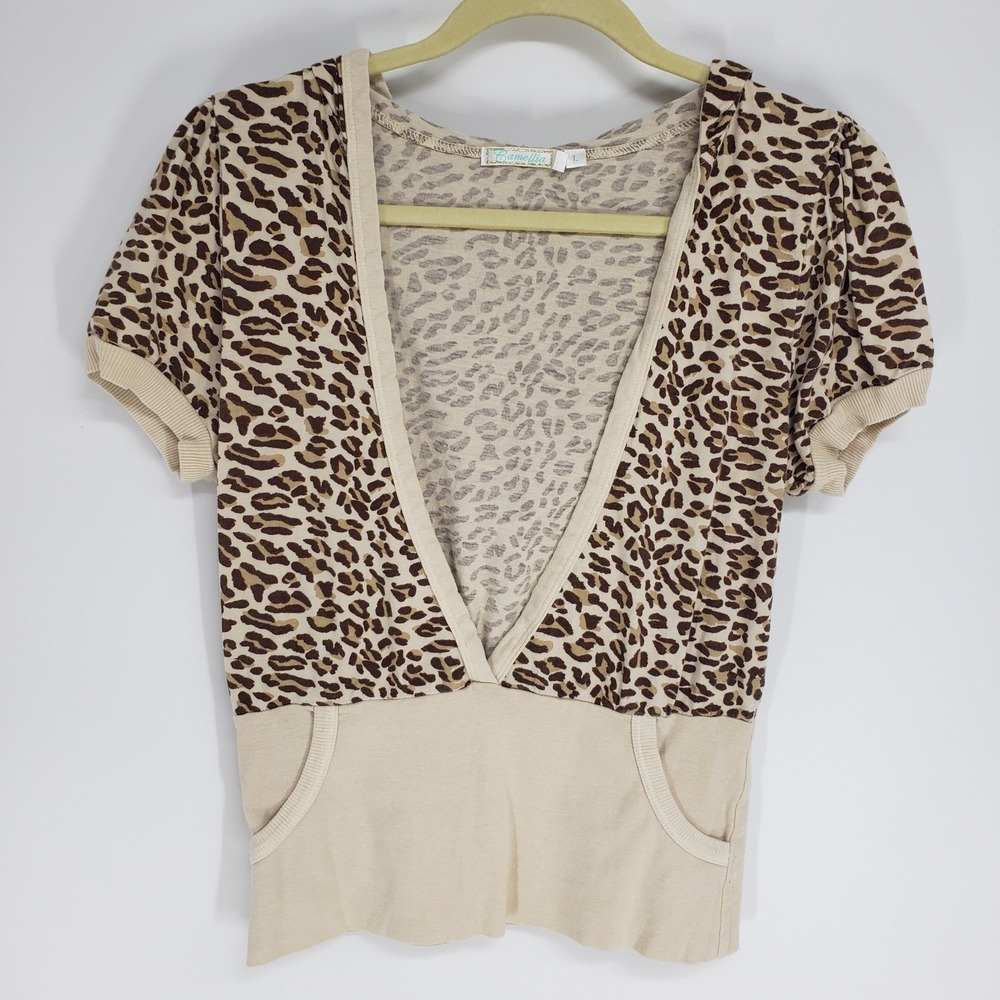 Y2K Camellia Leopard Animal Print Hooded Top Women Size L Tan Brown Deep V-Neck